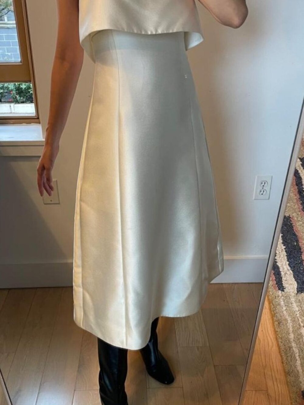 White satin strapless midi dress with ruffle detail. Similar to Toteme